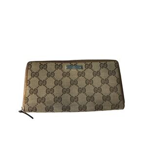 Vintage Gucci GG Monogram Zip‎ Around Y2K Wallet Brown Beige Canvas Leather